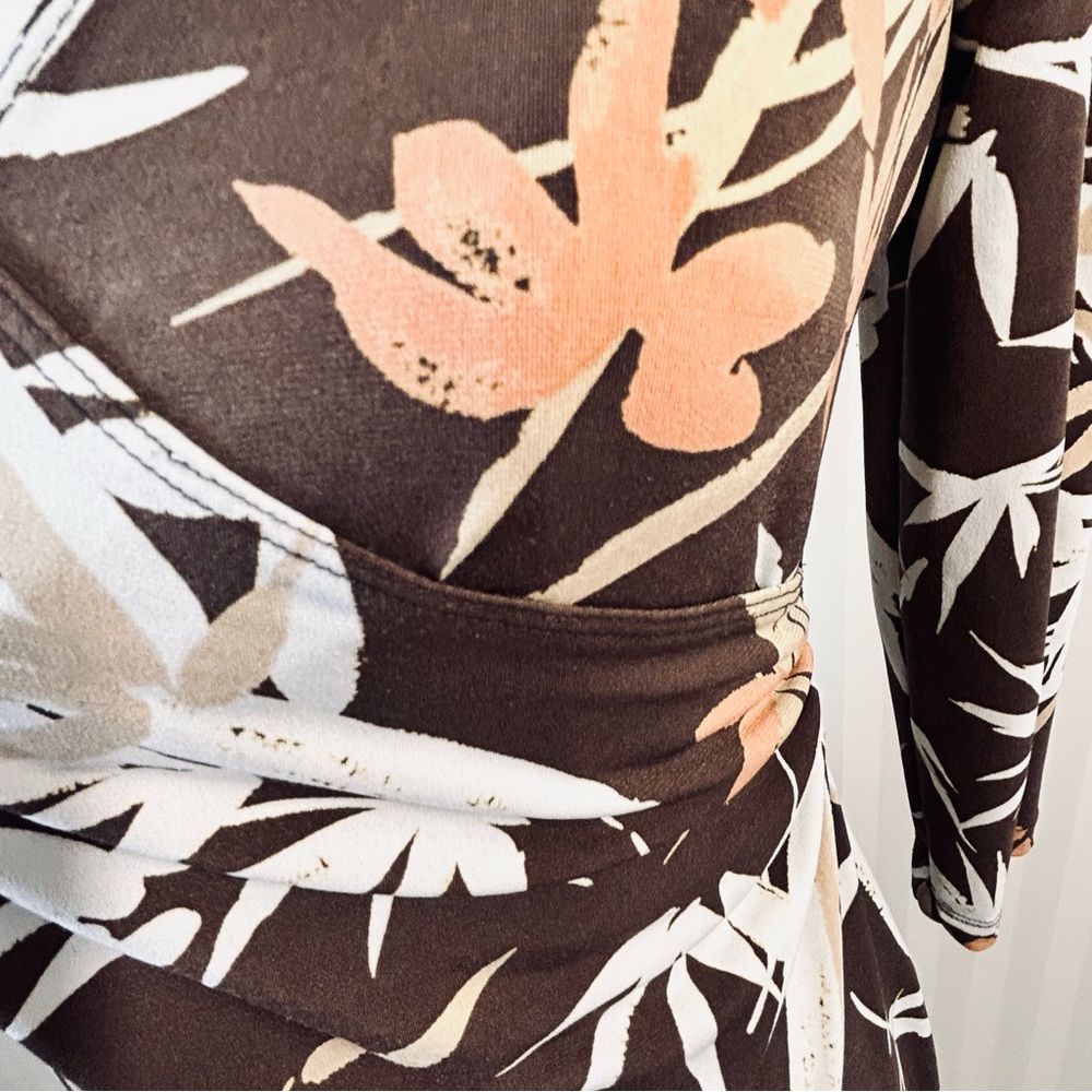Merona black with brown and white leaves wrap style comfortable dress Size S - Picture 2 of 7